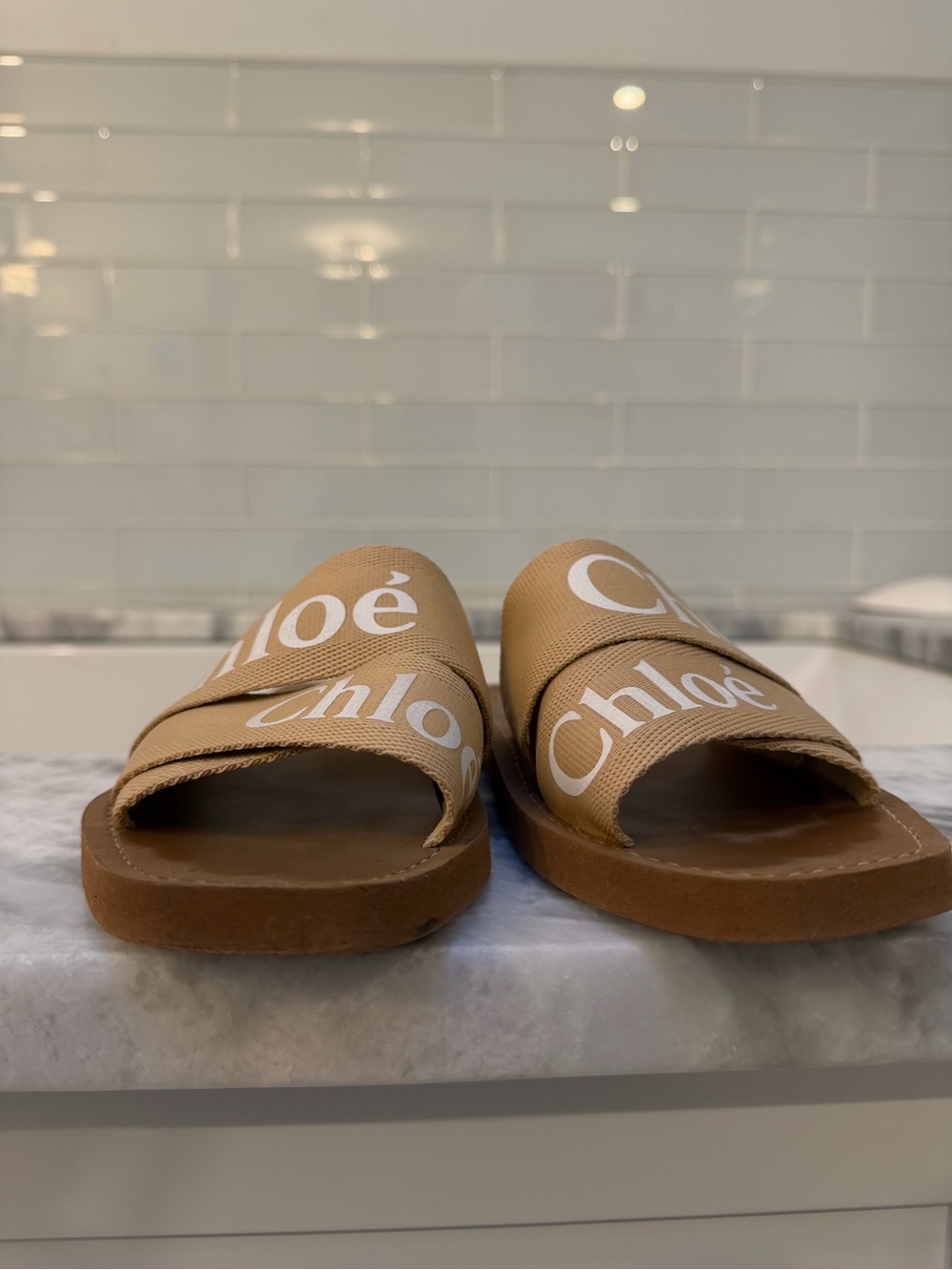 Chloé Woody Logo Slide Sandals in Tan and White size 38 - Picture 8 of 16